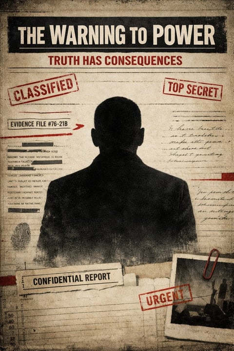 Movie poster with silhouette figure surrounded by classified documents and red stamp markings about truth and consequences