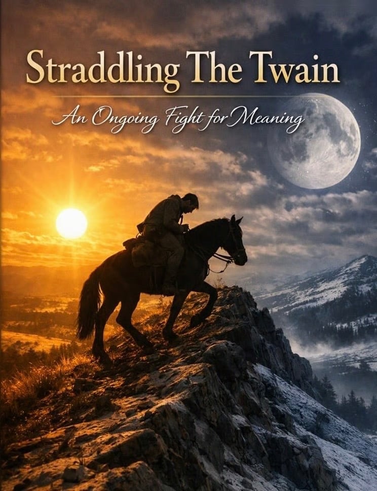 Silhouette of rider on horseback on mountain cliff with sun and moon in sky, book cover for Straddling The Twain